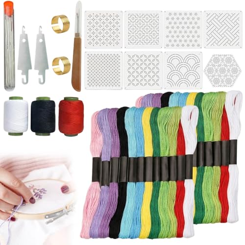 Ujukoxc 66-Piece Embroidery Set for Traditional Japanese Stitching, Sashiko Kit with Sashiko Thread and Sashiko Stencil,Includes Sashiko Needles and Sashiko Template for Fabric Art Projects