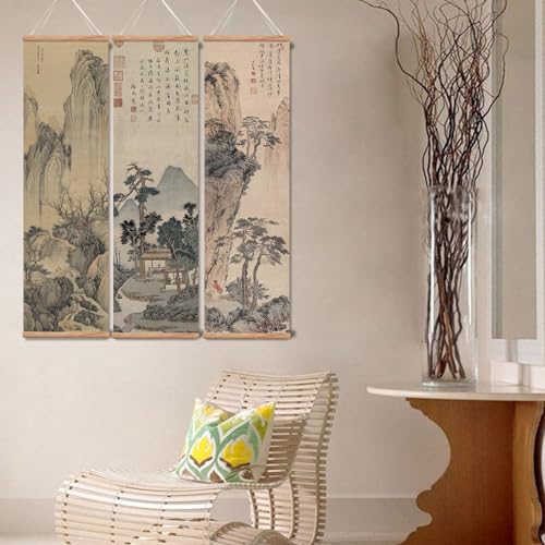 xinyuru Chinese Ancient Landscape Scroll Wall Art Poster, 3-Piece Set - color: landscape-Oak, size: 12"x41"x3 Piece
