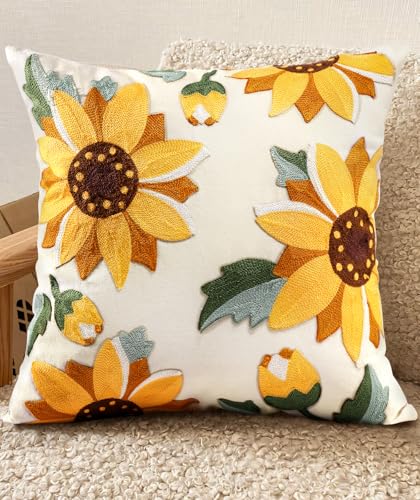 Embroidered Throw Pillow Cover, 18x18 Inch, Sunflower - color: Sunflower, size: 18" x 18" (Pack of 1)