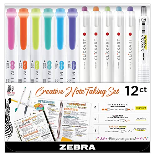 Zebra Pen Notetaking Set, MILDLINER, CLiCKART & SARASA, Assorted, 12-Pack - style: Journaling and Planning Set
