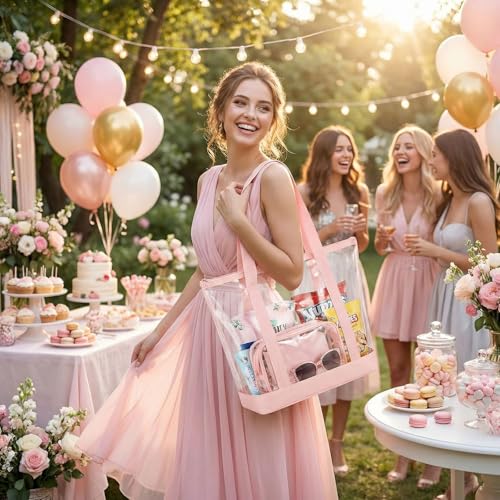 Reginary 8 Pcs Clear Tote Bags Shoulder Handbag Security Approved See Through Bag with Zipper Closure for Sport Event Travel - color: Pink