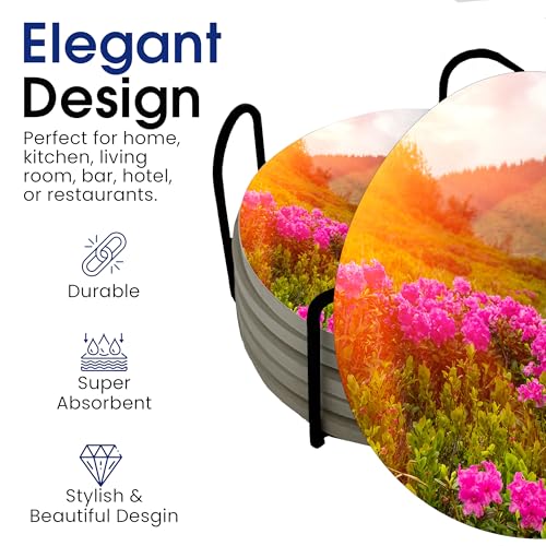 Spring Season Flowers Round Coasters Set of 6 - Abosrbent Ceramic Coasters with Metal Stand for Drinks, Coffee, Non-Slip Cork Back for Tabletop Protection, 4 Inches (Sunset) - color: Sunset