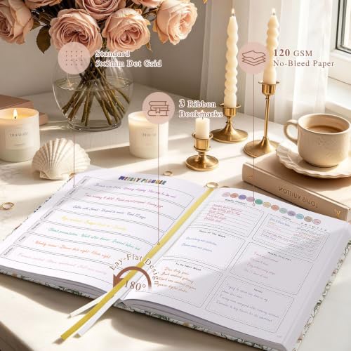 Everloria Premade Dotted Journal Notebook, 12 Months Pre-made Bullet Templates, 260 Hand-Drawn Coloring Pages, Undated Weekly & Monthly Planner, 7.8"x9.3" Leather Dot Grid Habit Mood Tracker - color: Floral A