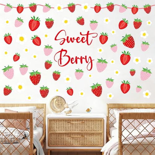 Strawberry Wall Decals - 8 Sheets 62Pcs Strawberry Daisy Wall Stickers Strawberry Shortcake Berry Peel and Stick Wallpaper for Girls Room Nursery Bedroom Room Décor - color: Strawberry