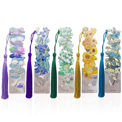 Ouyatoyu 5pcs Metal Bookmarks with Tassel, Flower Theme Pretty Book Marks for Reading, Cute Book Markers for Writers, Kids, Teens, Men Readers, Women Readers, Reading Accessories Gifts for Book Lovers