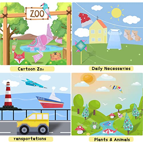 Origami Paper for Kids Crafts, 350 PCS Origami Paper Kit, Vivid 200 Cartoon Origami Objects+100 Solid Color Papers+50 Traditional Japanese Patterns with Instructions, Origami for Kids Adults Beginners
