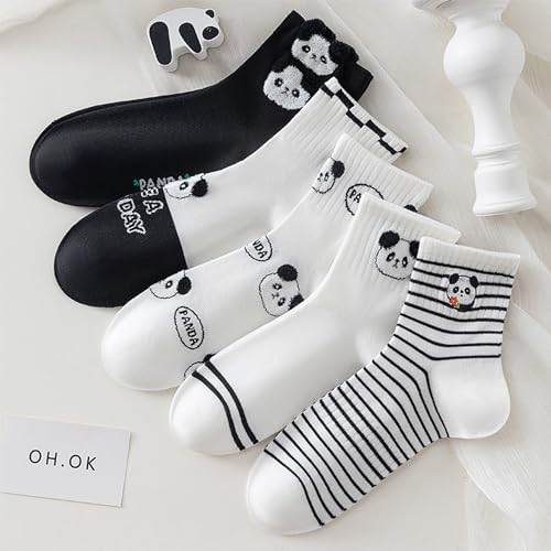 Cute Thin Crew Socks for Women Viscose Bamboo Cotton Girls Ankle Pattern Stripe Novelty Preppy Sock 5 Pairs - color: Panda/Black White