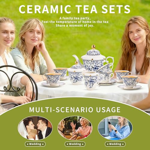 TATSUMI Country Roses Porcelain Tea Set, European Ceramic tea set for adults,Vintage Style, For Women and Tea Parties (BLUE, 21 Pieces Set) - color: Blue, size: 21 Pieces Set