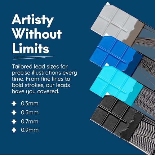 Mozart Essential Set of Lead Refills - 4 Sizes: 0.3, 0.5, 0.7 & 0.9 mm with 100 HB Lead Refills for Each - for Sketch, Architecture, Drafting, Art, Drawing Supplies, Metal Mechanical Pencils - color: Multi