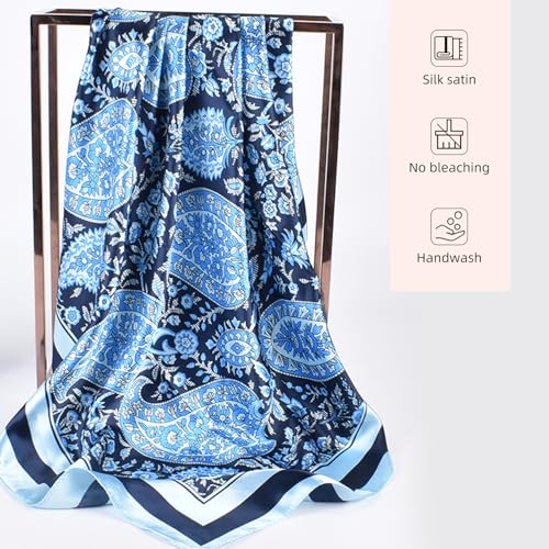 35 Inches Silk Head Scarf-Satin Hair Scarves Silk Bandana Scarf Headscarf for Women's Fashion Scarves - color: Blue-large Cashews
