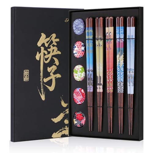 Antner 5 Pairs Reusable Wooden Chopsticks & Ceramic Rests Set, 8.8 Inch/22.5cm Classic Japanese Style Chop Sticks with Chopstick Holders for Ramen Sushi Asian Cuisine Lovers, Black Gift Box - color: Japanese Classic Figure Chopsticks Set