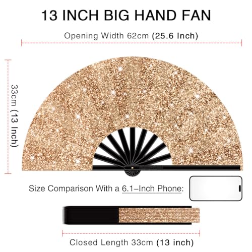 13" Large Folding Rave Fan with Holster, Clack Hand Fans Foldable for Line Dancing for Women Men Festival EDM Party Decoration, Glitter Champagne 2 Pack - color: Glitter Champagne