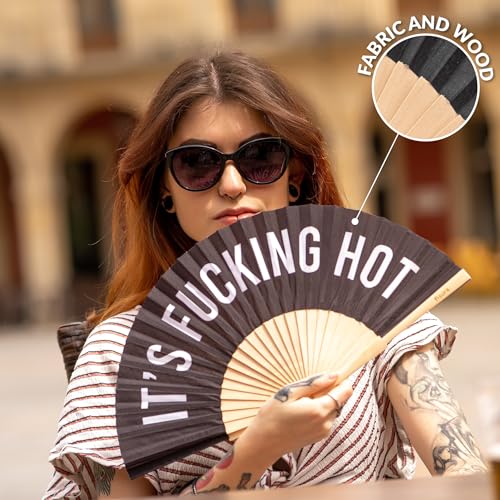 Fisura – Original folding fan with message “F*cking hot”. Black wooden handheld fan for women. Lightweight accessory for raves, weddings, birthdays, festivals, parties and fun gift ideas. - color: Hot, Black