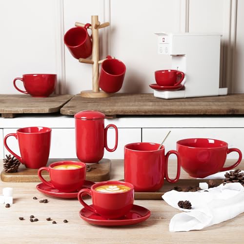 vicrays Ceramic Tea Mug Infuser - Large Cup 16 oz Hot Loose Steeping Handle Teacup with Leaf Infuser Spoon Lid - Tall Glazed Strainer Coffee Mug Microwave Safe - Red - color: Scarlet Red