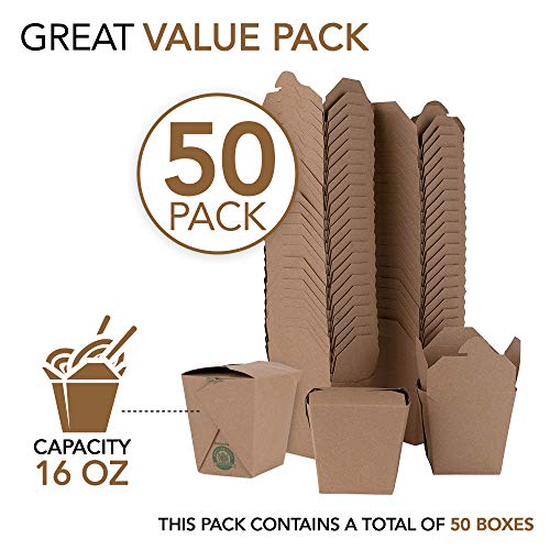 Take Out Food Containers 16 Oz Microwaveable Kraft Brown Paper Chinese Takeout Box (50 Pack) Leak and Grease Resistant Stackable Pint Size To Go Boxes - Recyclable Food Containers - Party Favor Box - size: 16 oz.