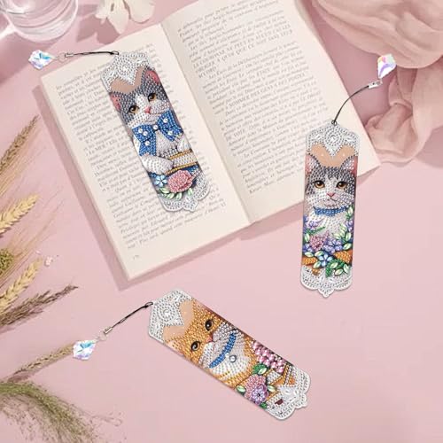 Tontut 3pcs Diamond Art Painting Kit Bookmarks, Cat on Books Fine General Purpose DIY Bookmarks, Lightweight and Durable, Suitable for Reading Lovers - color: Cat