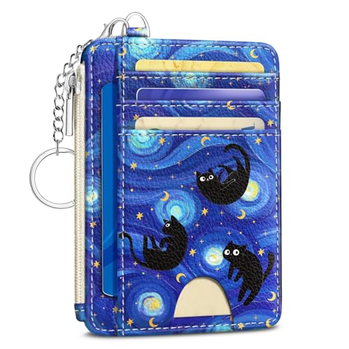Kelvoris Credit Card Holder Small Wallet Women, Slim RFID, Blue Black Cat - color: Black Cat Star Night