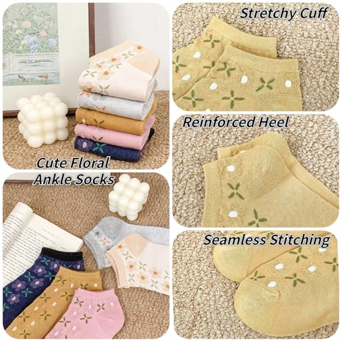 Cute Floral Ankle Socks for Women Girls, Ruffle Cuff Cotton Socks - color: 5 Pairs-set B