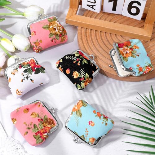 24pcs Canvas Floral Coin Purses, Vintage Kiss Lock Canvas Floral Buckle Coin Purse Change Purses for Women, 4 X 3 Inch Fabric Coins Purse Rose Flower Wallet for Women, Bulk Small Wallets Party Favors