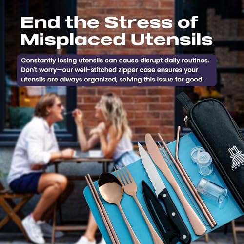 Travel Utensils With Case, 10 Pcs portable silverware set (Rose Gold) - color: Rose Gold, size: 10 Pieces