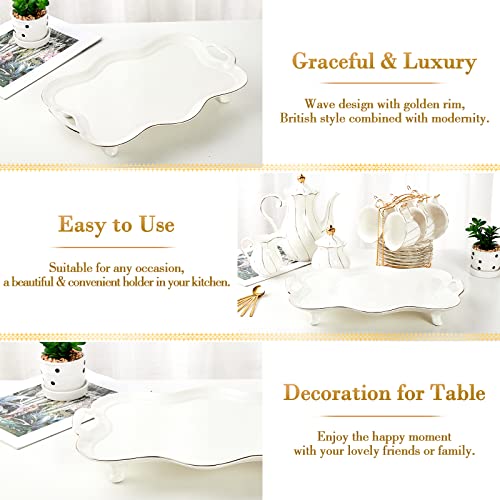 DUJUST Porcelain Serving Tray with Handles, Luxury British Style Coffee Table Tray with Golden Rim, Beautiful Tea Tray Decor for Living Room, Easy to Use & Clean - color: Golden Rim