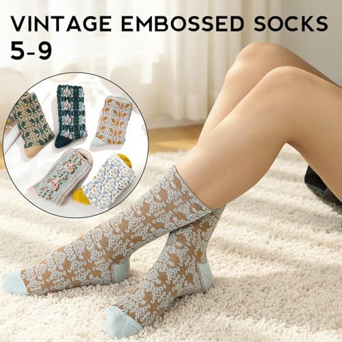 5/6 Pair Crew Socks for Women Floral Socks - color: Green, Blue, Brown Argyle Floral