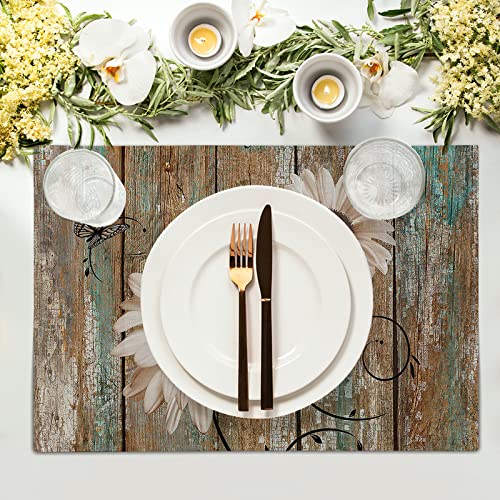 Giwawa Rustic Daisy Board Placemats- White Sunflowers on Vintage Wood Plank Linen Table Place Mat- Farmhouse Wooden Non-Slip Heat Resistant Table Mats for Dining Kitchen Cabin Lodge Decor - color: Daisy Board
