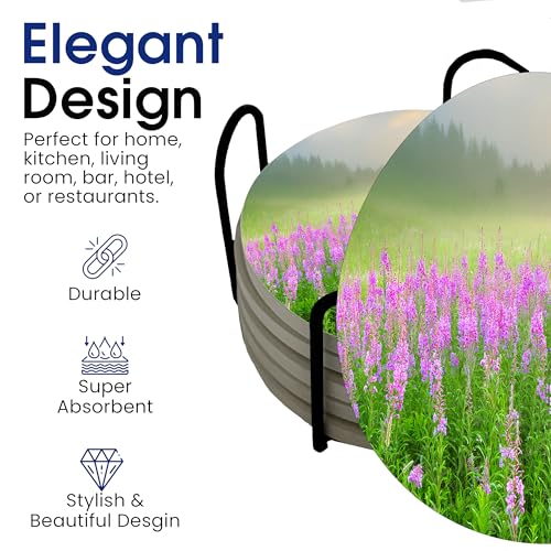 Spring Season Flowers Round Coasters Set of 6 - Abosrbent Ceramic Coasters with Metal Stand for Drinks, Coffee, Non-Slip Cork Back for Tabletop Protection, 4 Inches (Meadow) - color: Meadow