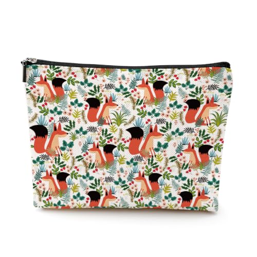 Boho Makeup Bag, Fox Botanical Floral Cosmetic Bag Makeup Organizer Pouch - color: ForestFox