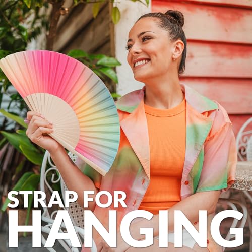Fisura - Original Folding Fan with Gradient Colors. Wooden Handheld Fan for Women. Pink and Green Design for Raves, Festivals, weedings. Hanger Included. Size: 16.7 x 9 inches - color: Pink and Green