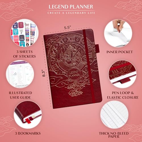 Legend Planner Undated, Weekly & Daily Goal Journal, A5 Wine Red - color: Wine Red Gold (Undated), size: A5 (5.5'' x 8.3'')