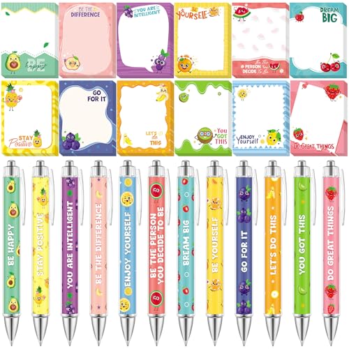 Dispowreath 24 Pcs Funny Positive Fruit Sticky Notes with Pens Christmas Cute Notepad Memo Notes Pads Black Ink Pen Bulk Gifts for Coworkers Employee Teacher Office Supplies - style: Fruit
