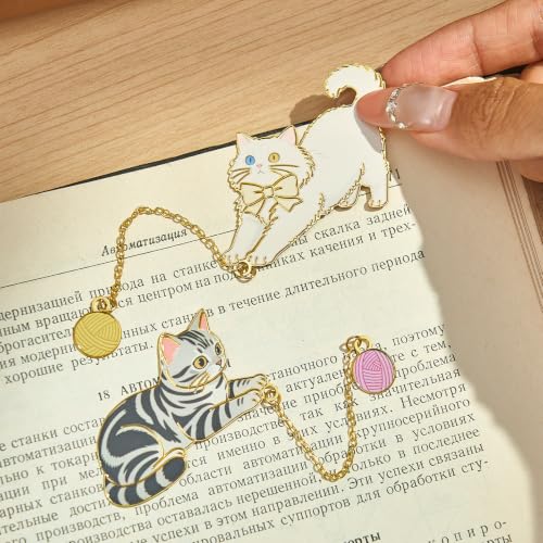 4 Pcs Cute Metal Cat Bookmarks with Chain Yarn Ball Charms for Book Lovers - color: Cat