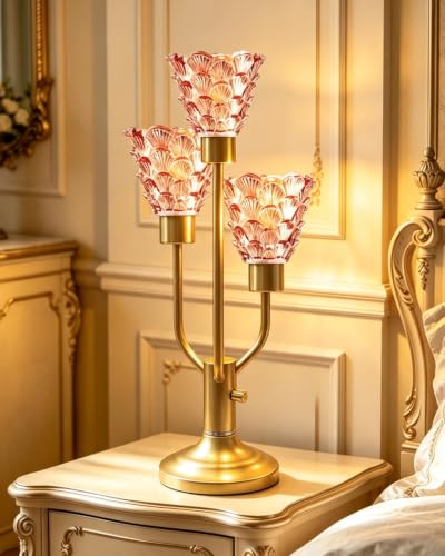 Lightdot Vintage Glass Table Lamp Dimmable Pink Lamp 3 Bulbs Included - color: 03-Gold-Pink-Shell
