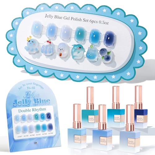 Double Rhythm 6 Pcs 15 ML Gel Polish Set Same Color Same Bottle Soak Off Gel Polish Kit Nail Art Manicure Salon DIY at Home for Women (Jelly Milky Light Dark Blue Navy-T6-82) - color: Jelly Blue