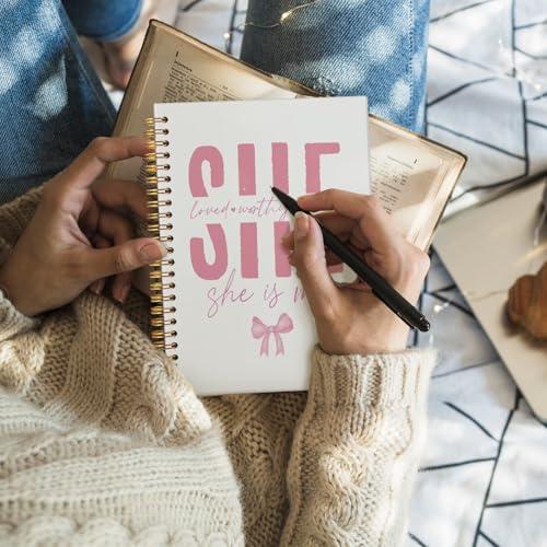 Coquette Pink Bow Christian Spiral Notebook, Bible Journaling Notebook, Religious Prayer Journal for Woman, Church Notes Journal, She Loved Worthy Enough Hardcover Notebooks 5.5x8.3 - color: Pink Bow - She is me