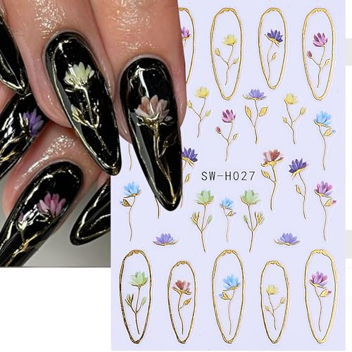 3D Flower Nail Art Stickers Decals Luxury Flower Petal Stickers with Tweezers 12 PCS Self Adhesive Pink Purple Blue Floral Gold Edge Decals Cherry Blossom Lily Summer DIY Manicure Nail Art Decoration - style: Flower Golden Edge Styles