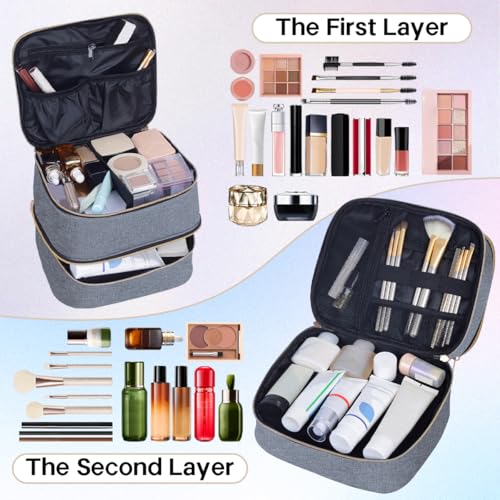 Double Layer Makeup Bag with Adjustable Dividers, Gray Gold - color: Grey Gold