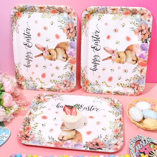 JarThenaAMCS 3Pcs Easter Serving Trays 13 x 10 Inch Watercolor Bunny Egg Flower Platter Vintage Spring Rabbit Serving Dishes for Serving Food Snacks Cookies Dessert Party Supplies - style: Bunny Egg