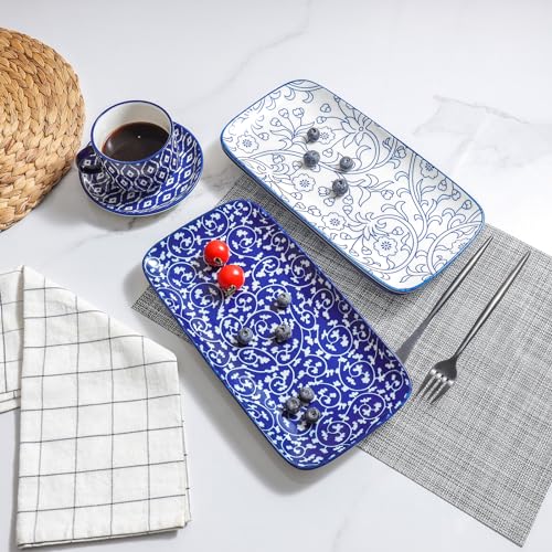 Selamica Ceramic Serving Platters, 14 Inch Serving Trays for Party Entertaining, Large Rectangular Serving Plates for Appetizer, Charcuterie, Dessert, Fruit, Set of 4, Vintage Blue - color: Vintage Blue, size: 14 Inch,Set of 4