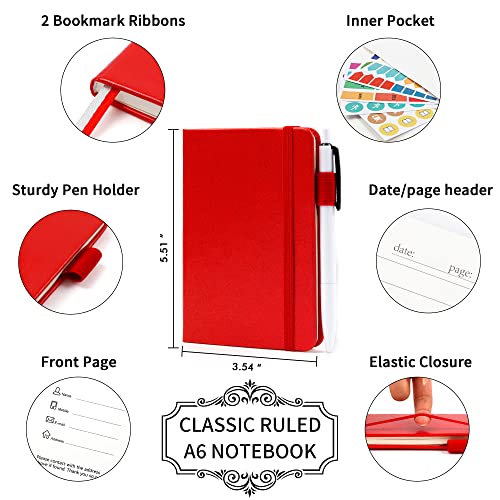 feela 3 Pack Pocket Notebook Journals with 3 Black Pens, A6 Mini Cute Small Journal Notebook Bulk Hardcover College Ruled Notepad with Pen Holder for Office School Supplies, 3.5”x 5.5”, Red - color: A6 3 Red