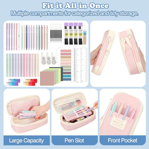 MoKo Pencil Case with Supplies, 60Pcs Aesthetic School Set, Pink - color: Pink-60P