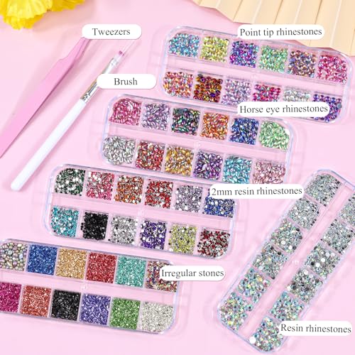 5 Boxes Shiny Colorful Nail Art Rhinestones Kit 3D Flatback Horse Eye Rhinestones Irregular Nail Stone and 4 Sheets Flower Nail Stickers with a Curved Tweezers and a Nail Brush (Multicolor) - color: 4-multicolor