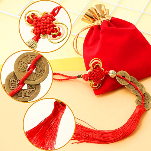 Boao 4 Pcs Chinese New Year Lucky Coins Charms Chinese Knot Feng Shui Tassel Hanging Pendant Decorations for New Year Home Health Wealth Success Lucky Decor with Storage Bags