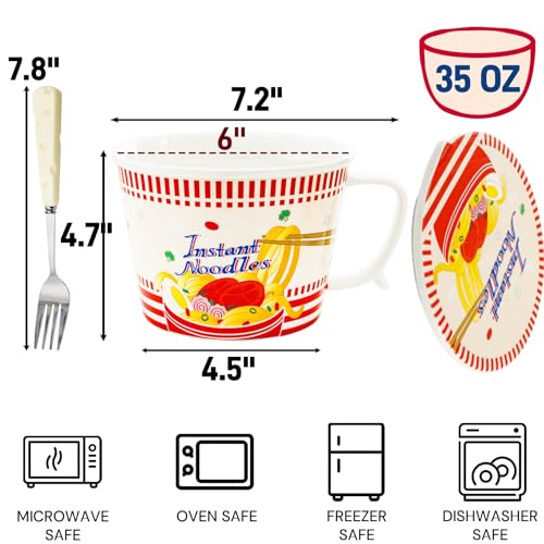 Pumtus Ceramic Ramen Bowl with Lid, 35 OZ Large Japanese Instant Noodle Cup with Fork & Handle, Cute Deep Soup Mug Set, Cereal Porridge Tableware for Home Office Dorm, Microwave & Dishwasher Safe