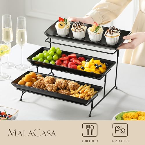 MALACASA 3 Tier Serving Trays for Party, Stoneware Serving Platters and Trays, 14 Inch Tiered Tray Stand, Fruit Tray, Trays for Serving Food, Black Dessert Stand with Collapsible Sturdier Metal Rack - color: Black, size: 14 Inch