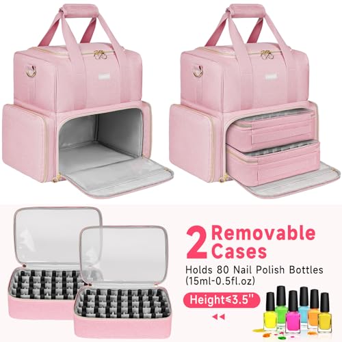 Nail Polish Organizer Holds 80 Bottles and a Nail Lamp,Nail Polish Carrying Case with 2 Removable Bags,Nail Organizers and Storage for Nail Tech,Portable Nail Polish Holder for Nail Supplies,Pink - color: Pink