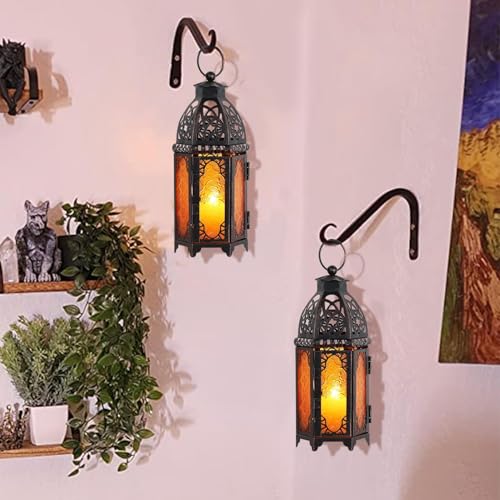 Ramadan Lanterns Decorative Indoor & Outdoor, 11’’ Medium Size Vintage Metal Hanging&Tabletop Candle Holder Decor, Halloween Christmas Moroccan Decorations for Home Porch Patio (Amber) - color: Amber - 11''h, size: Medium