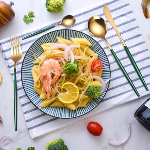 AARAINBOW 8 Pieces Stainless Steel Flatware Set Portable Reusable Cutlery Set Travel Utensils Set Including Chopsticks Knife Fork Spoon Straws Cleaning Brush Dishwasher Safe (Green Golden) - color: Green Golden