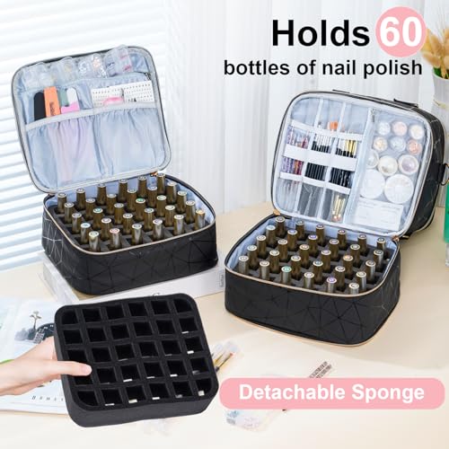 Uross Nail Polish Organizer Bag Holds 60 Bottles Nail Polish & Nail Lamp, Large Gel Polish Organizers and Storage box for Nail Tech, Nail Kit Supplies Organizer Case - Black - size: X Large - 9.5 x 8 x 12.4 inch (60 bottles)